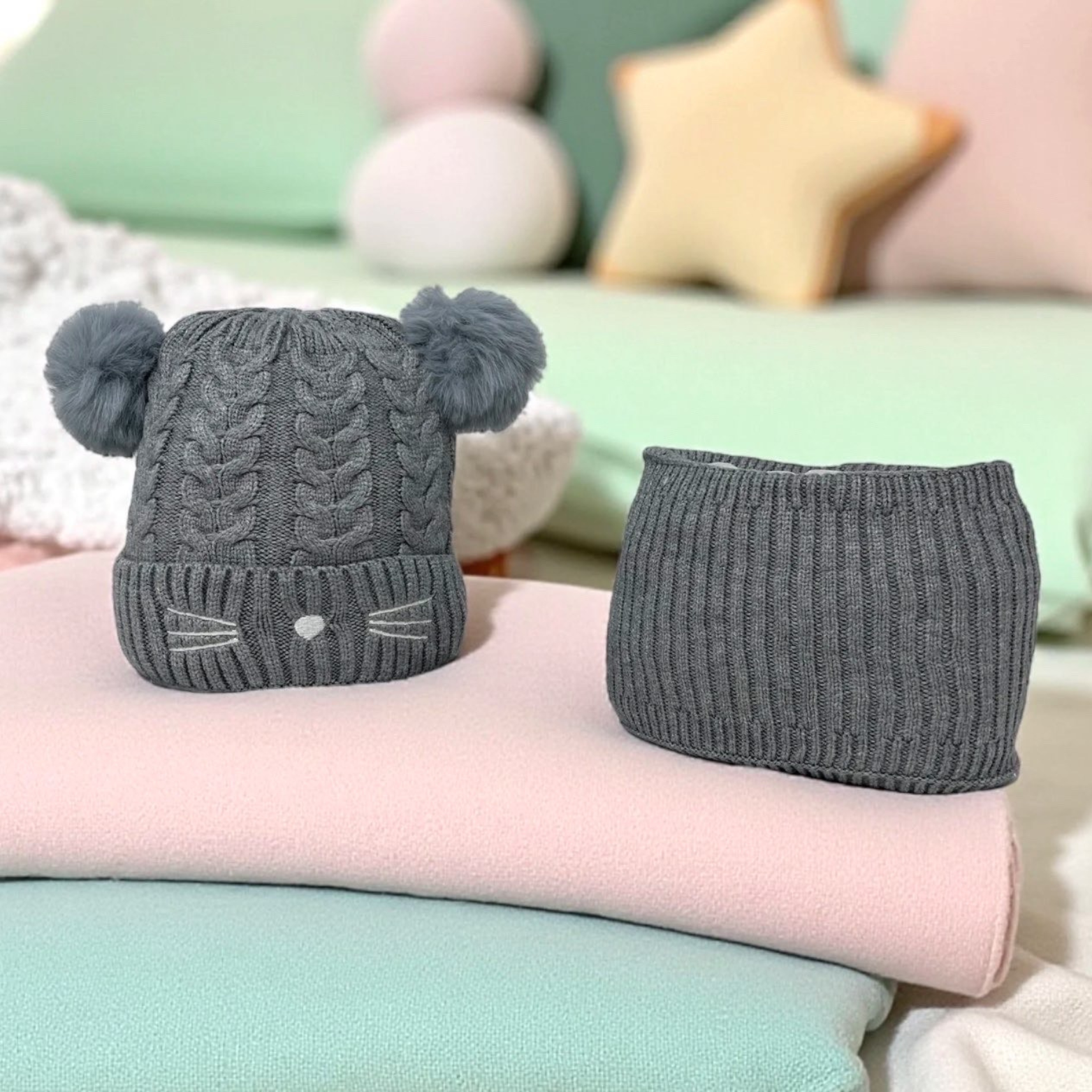 Bonnet Cache cou Ensemble Enfant - Chat Double Pompom ( Gris )