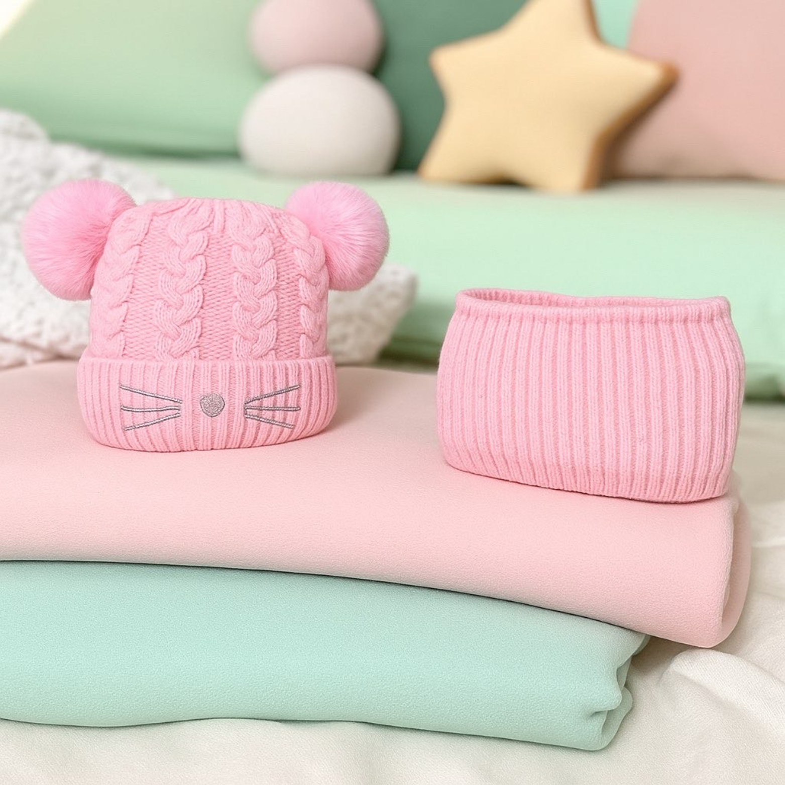 Bonnet Cache cou Ensemble Enfant - Chat Double Pompom ( Rose Bonbon )