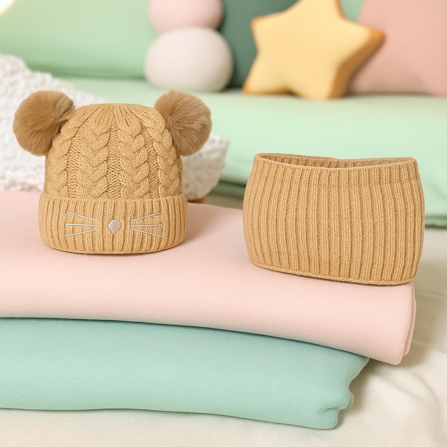 Bonnet Cache cou Ensemble Enfant - Chat Double Pompom ( Camel )