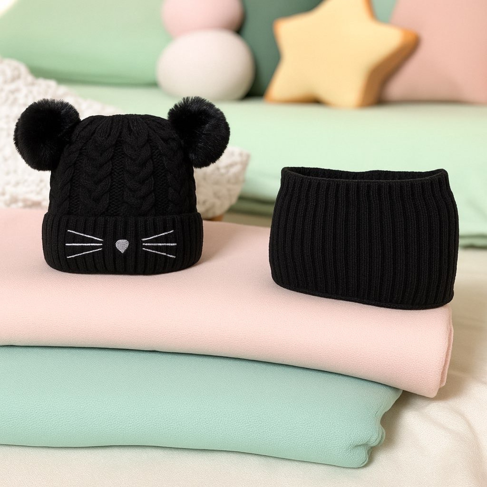 Bonnet Cache cou Ensemble Enfant - Chat Double Pompom ( Noir )