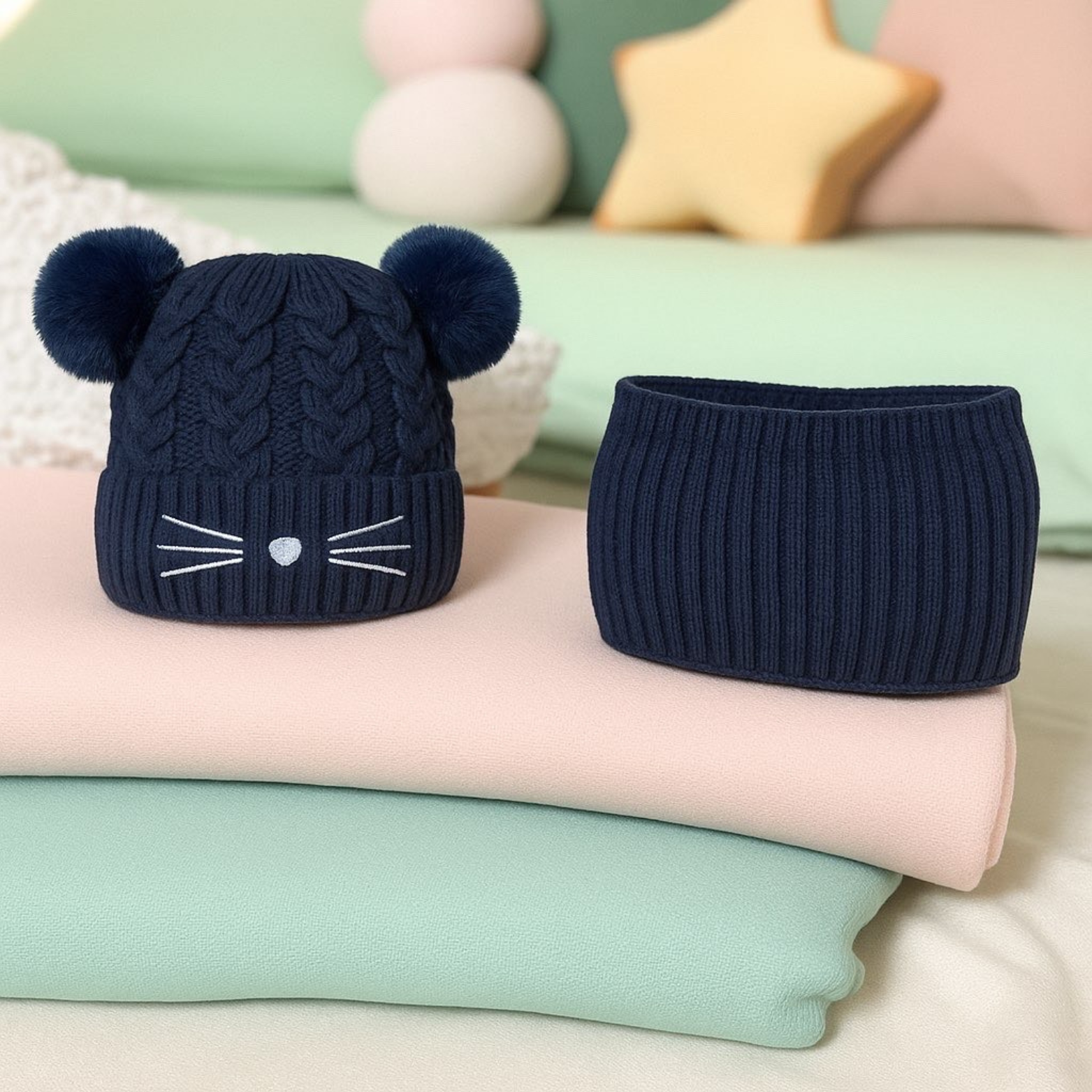 Bonnet Cache cou Ensemble Enfant - Chat Double Pompom ( Bleu Marine )