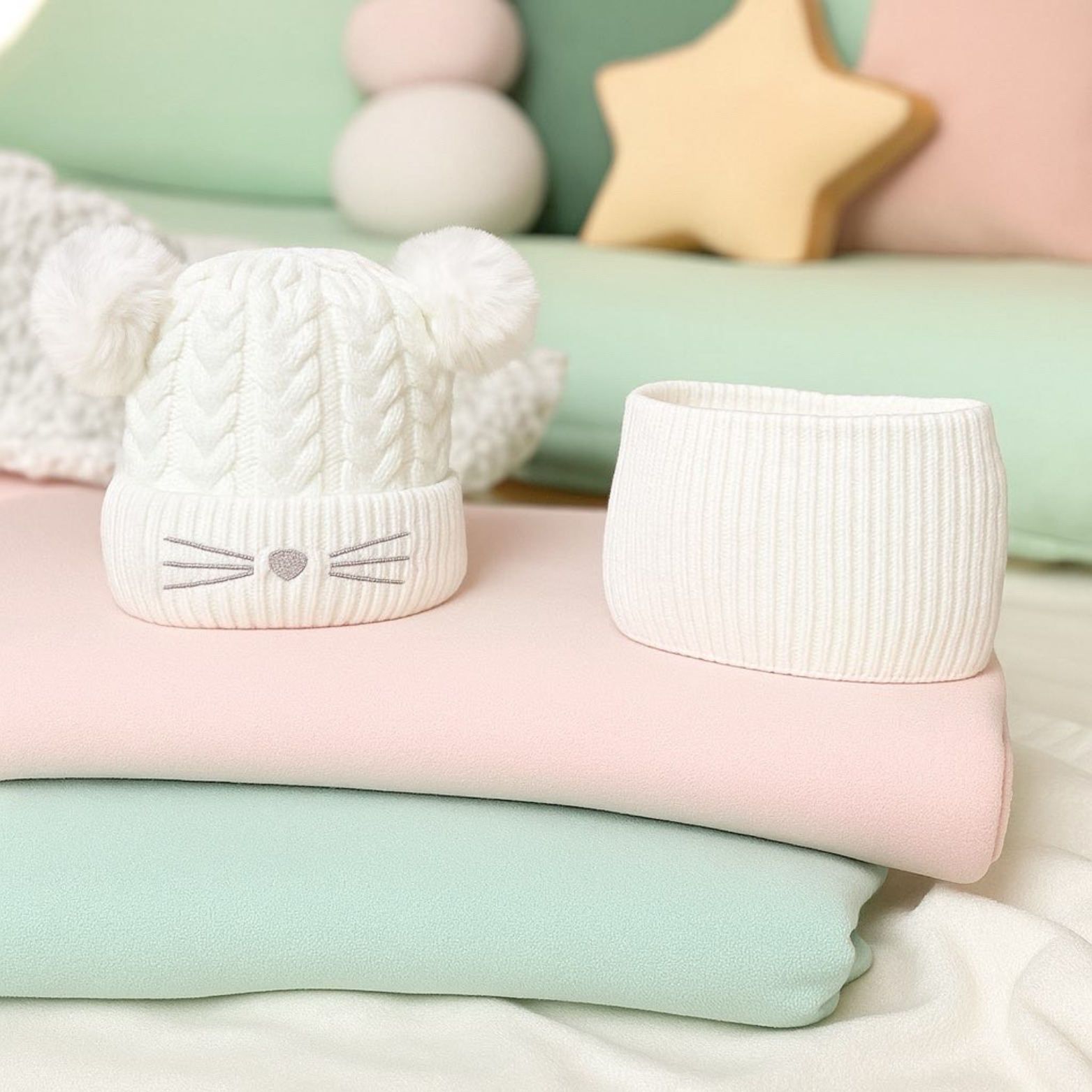 Bonnet Cache cou Ensemble Enfant - Chat Double Pompom ( Blanc )