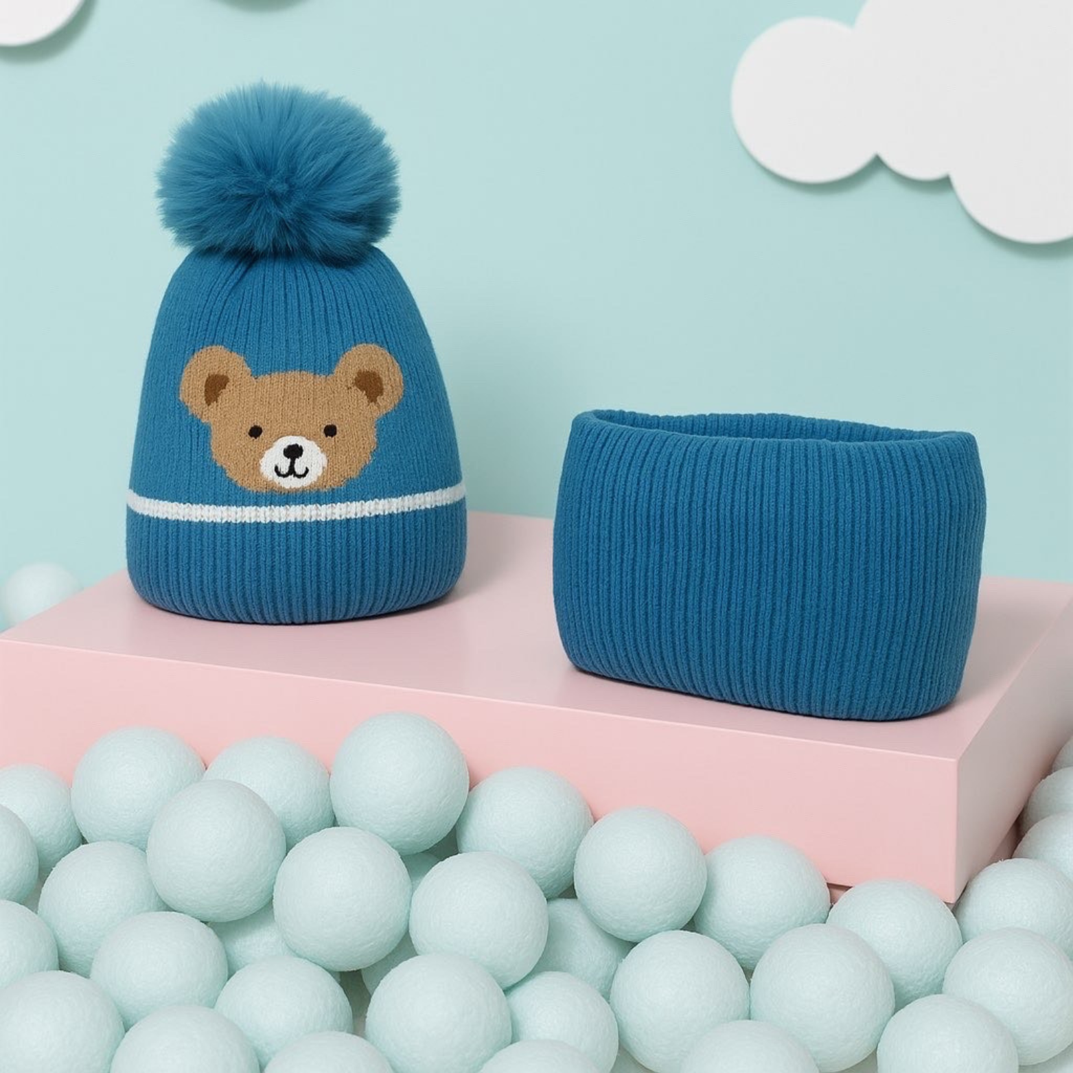 Bonnet Cache cou Ensemble Enfant - Oursons ( Bleu )