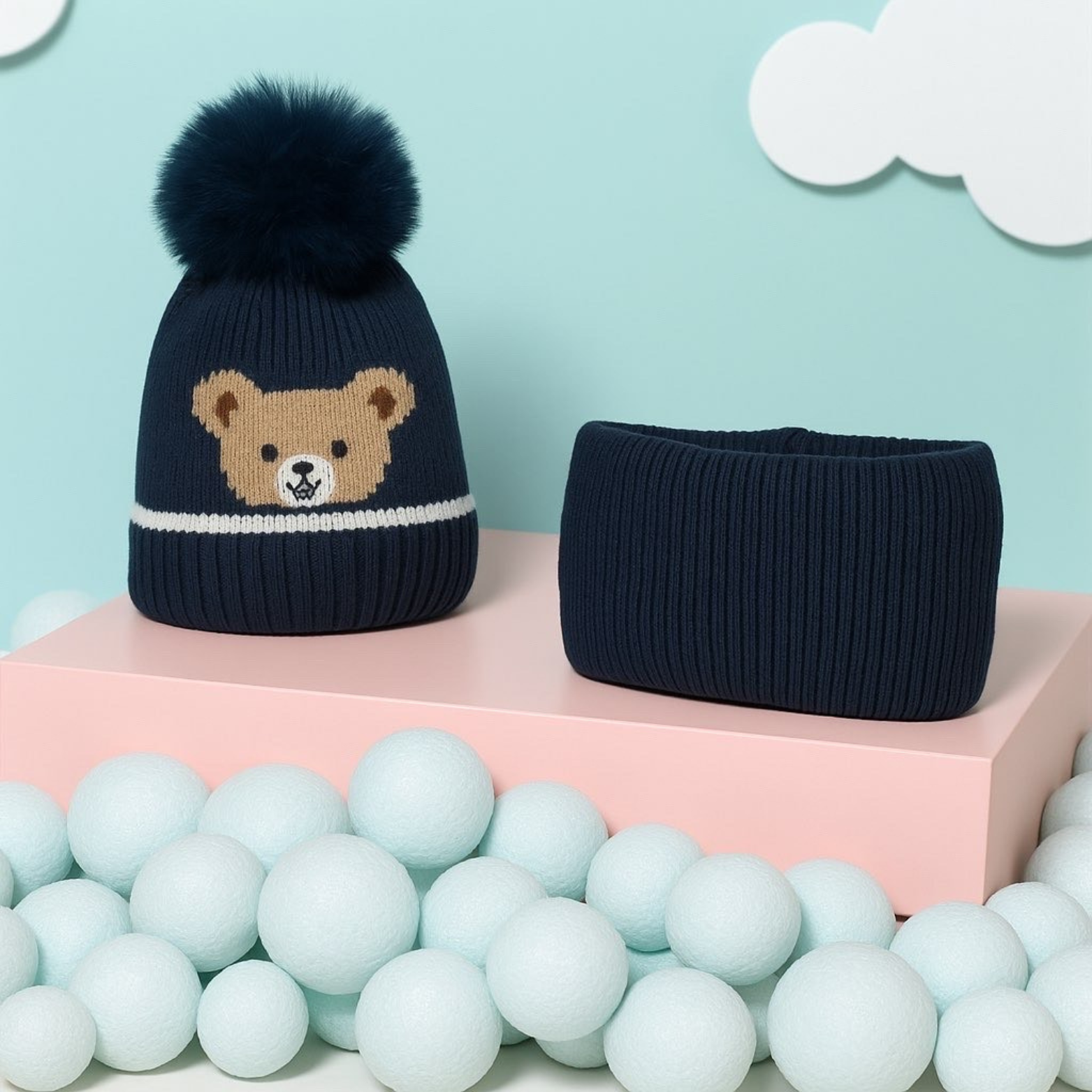 Bonnet Cache cou Ensemble Enfant - Oursons ( Bleu Marine )