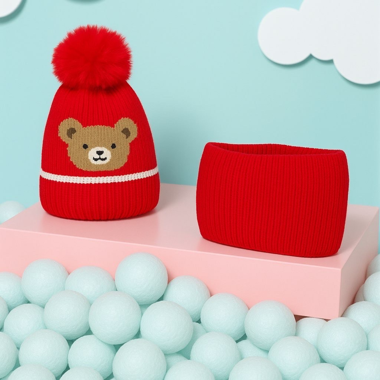 Bonnet Cache cou Ensemble Enfant - Oursons ( Rouge )