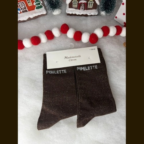 Chaussette à message « poulette pipelette  » Marron