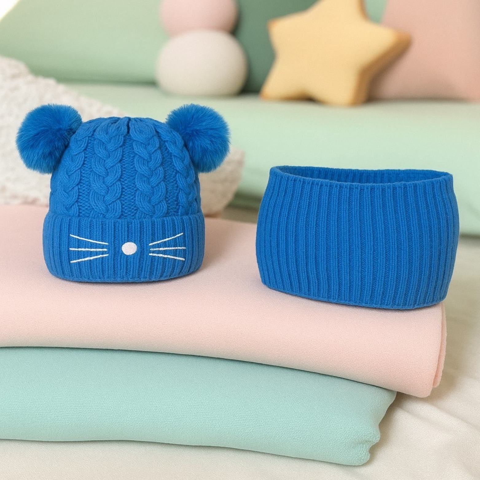 Bonnet Cache cou Ensemble Enfant - Chat Double Pompom ( Bleu )