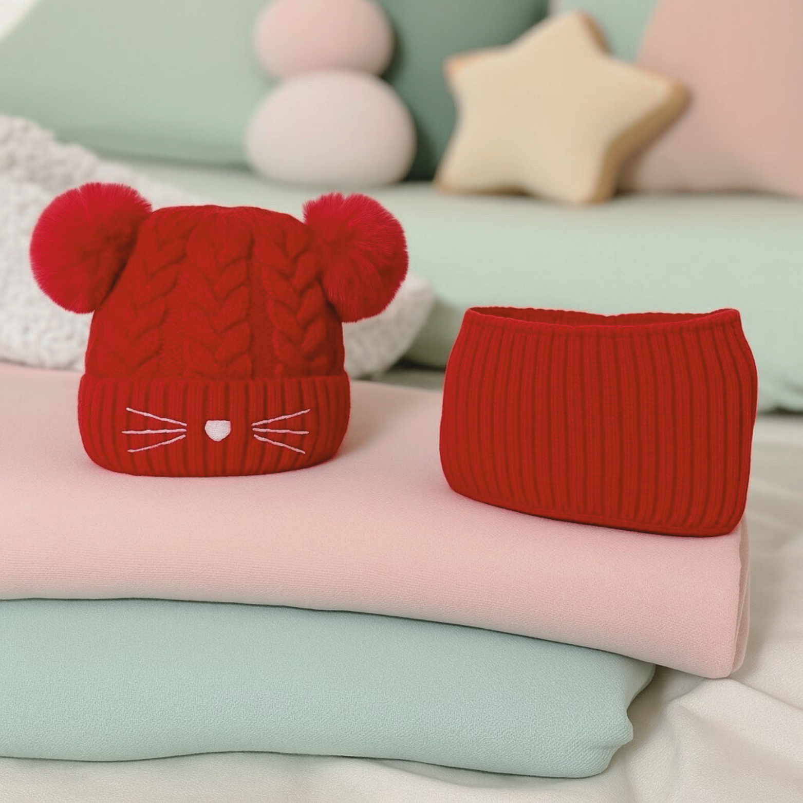 Bonnet Cache cou Ensemble Enfant - Chat Double Pompom ( Rouge )