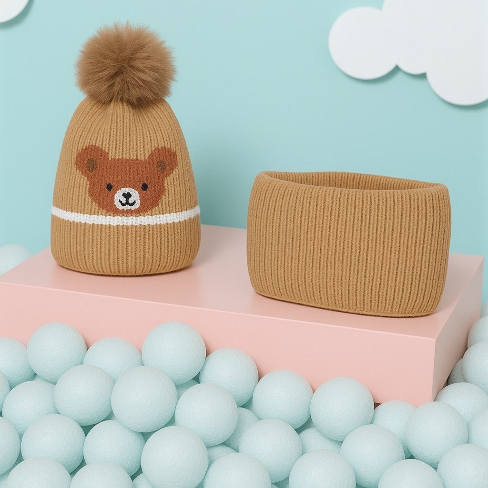 Bonnet Cache cou Ensemble Enfant - Oursons ( Camel )