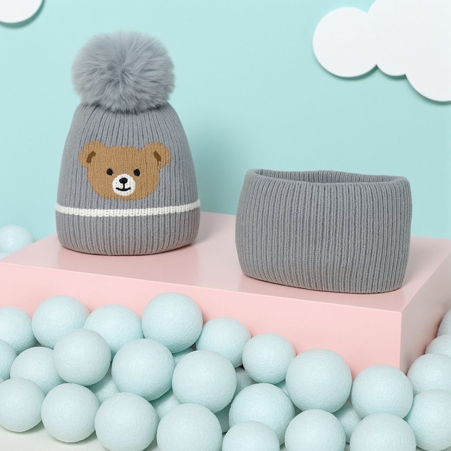 Bonnet Cache cou Ensemble Enfant - Oursons ( Gris )