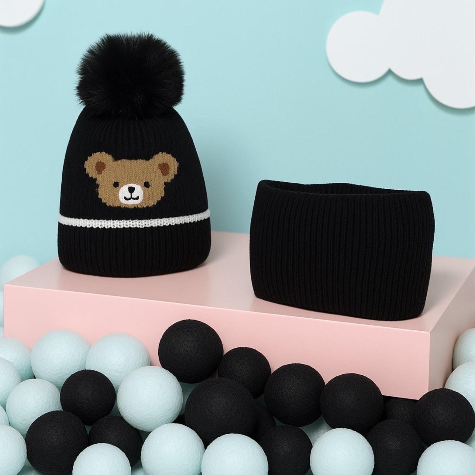 Bonnet Cache cou Ensemble Enfant - Oursons ( Noir )