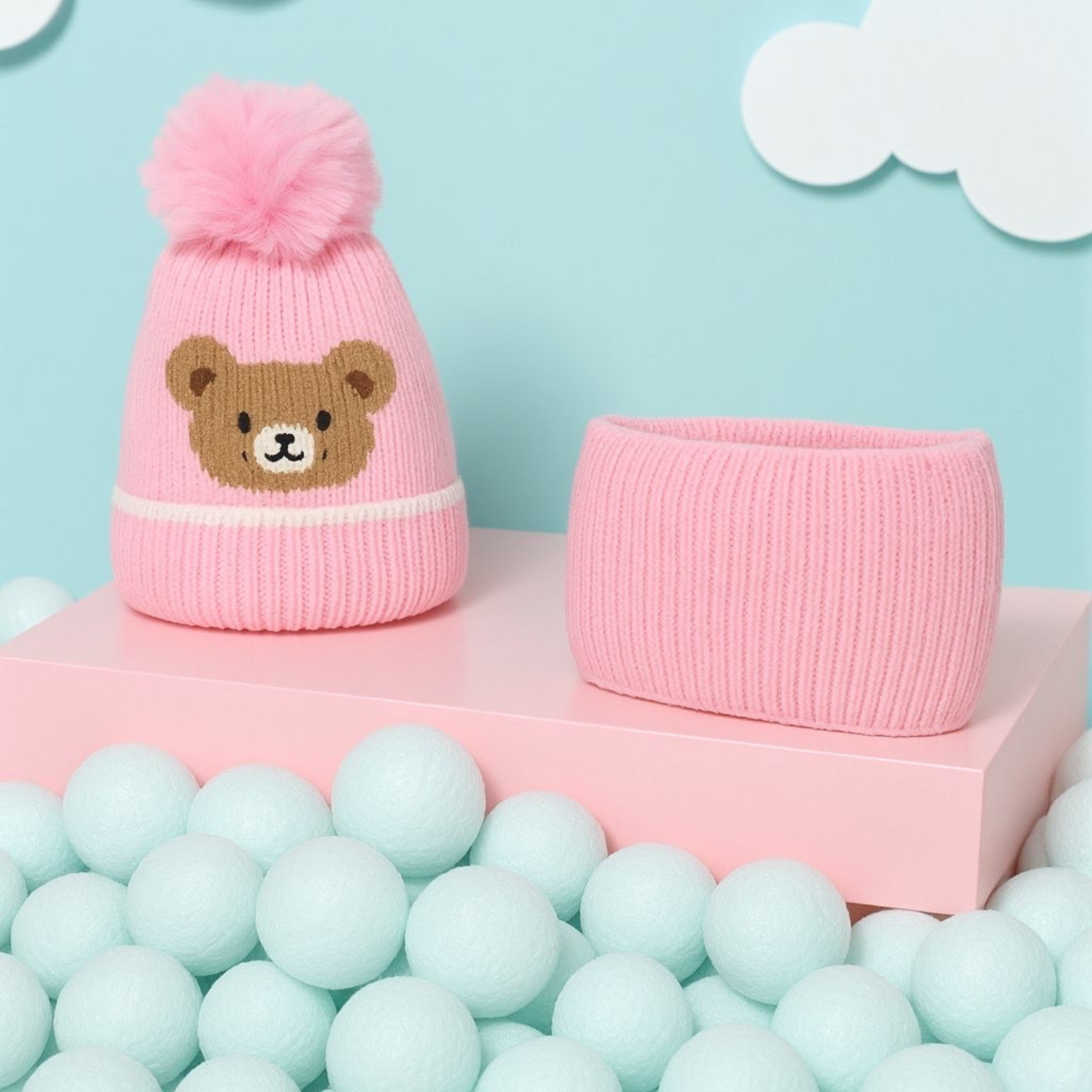 Bonnet Cache cou Ensemble Enfant - Oursons ( rose )