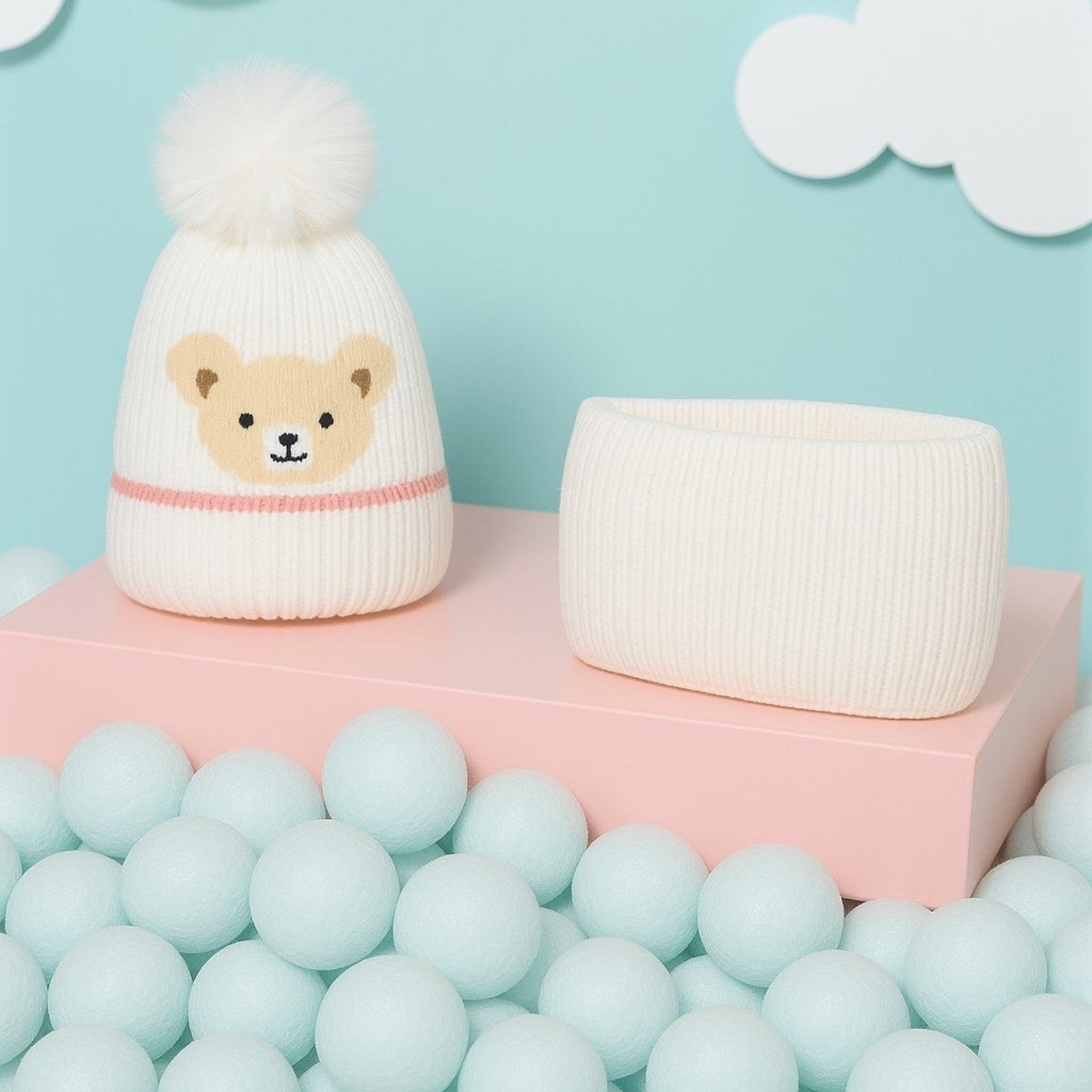 Bonnet Cache cou Ensemble Enfant - Oursons ( Blanc )