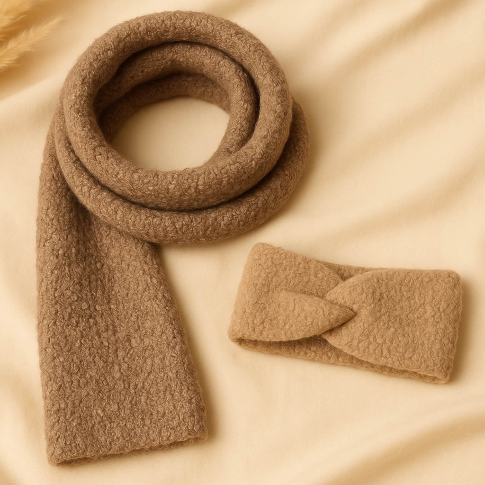 Lot bandeau cheveux et Foulard écharpe effet mouton ( Camel )