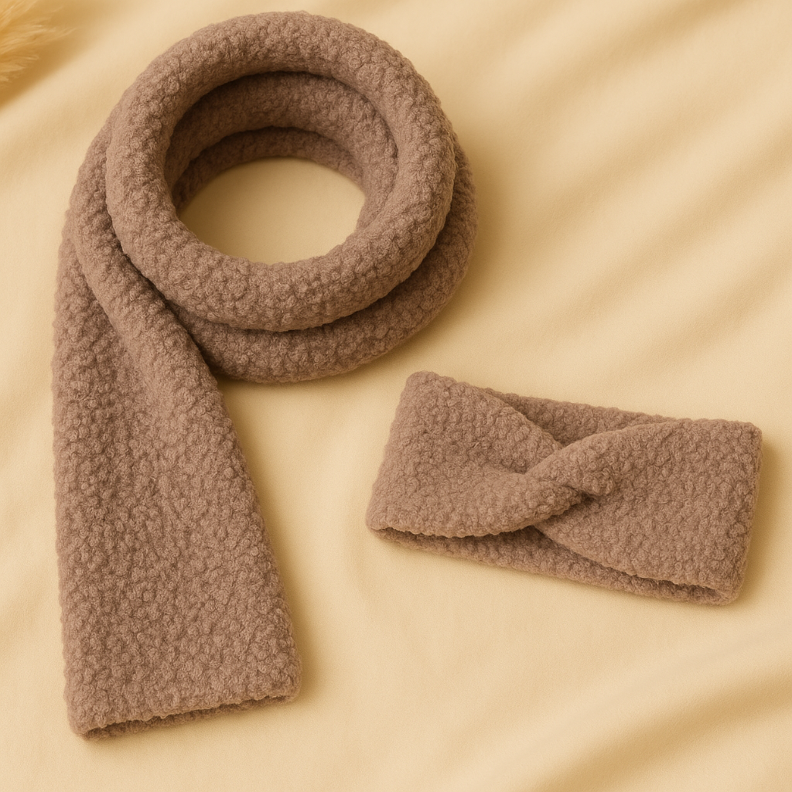 Lot bandeau cheveux et Foulard écharpe effet mouton ( Taupe )