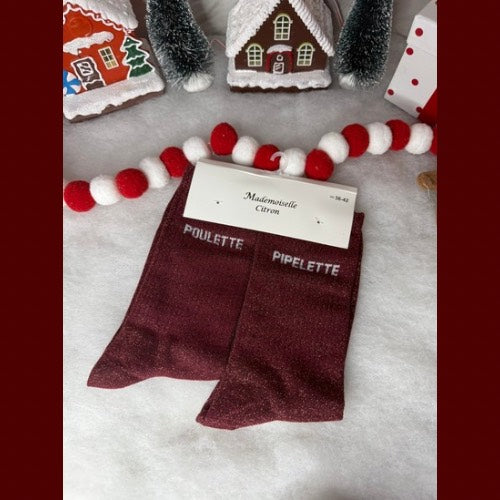 Chaussette à message « poulette pipelette  » Bordeaux